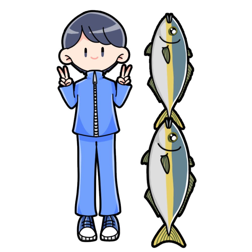 魚と背比べをしている男性のフリーイラストです。