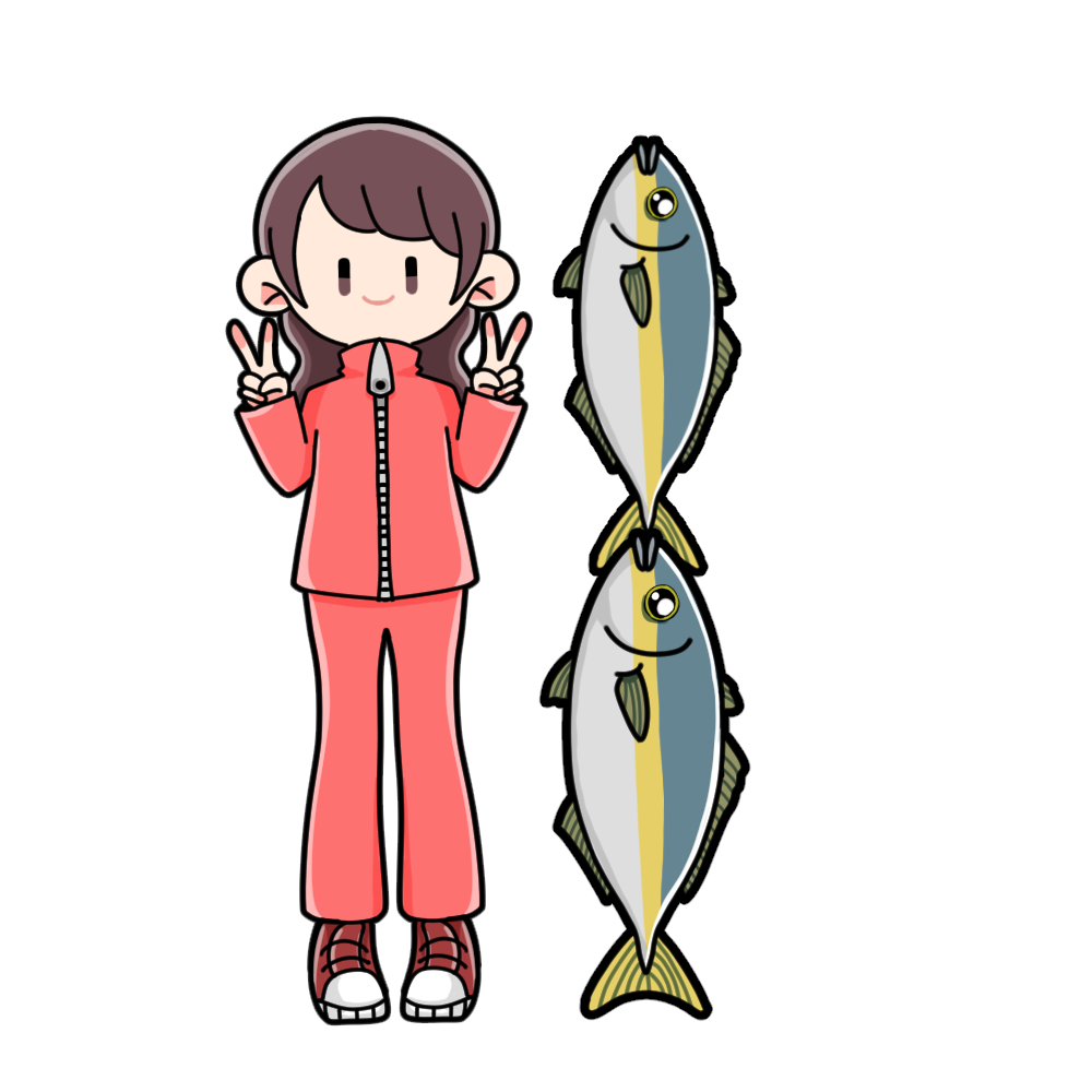 魚と背比べをしている女性のフリーイラストです。